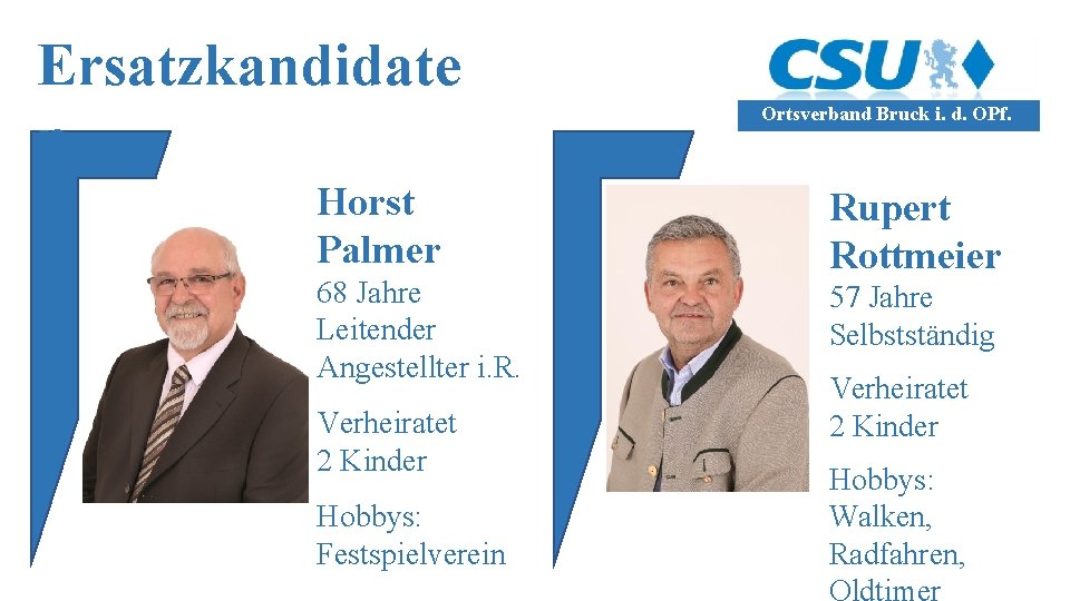 Ersatzkandidate n Horst Palmer 68 Jahre Leitender Angestellter i. R. Verheiratet 2 Kinder Hobbys: