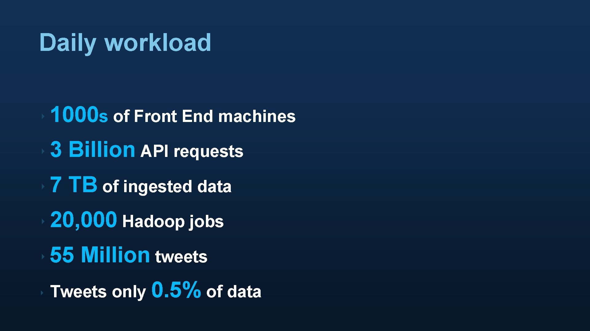 Daily workload ‣ 1000 s of Front End machines ‣ 3 Billion API requests