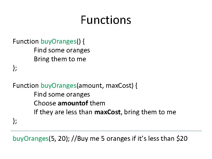 Functions Function buy. Oranges() { Find some oranges Bring them to me }; Function Functions Function buy. Oranges() { Find some oranges Bring them to me }; Function