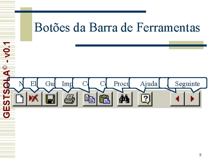 GESTSOLA© - v 0. 1 Botões da Barra de Ferramentas Novo Eliminar Guardar Imprimir