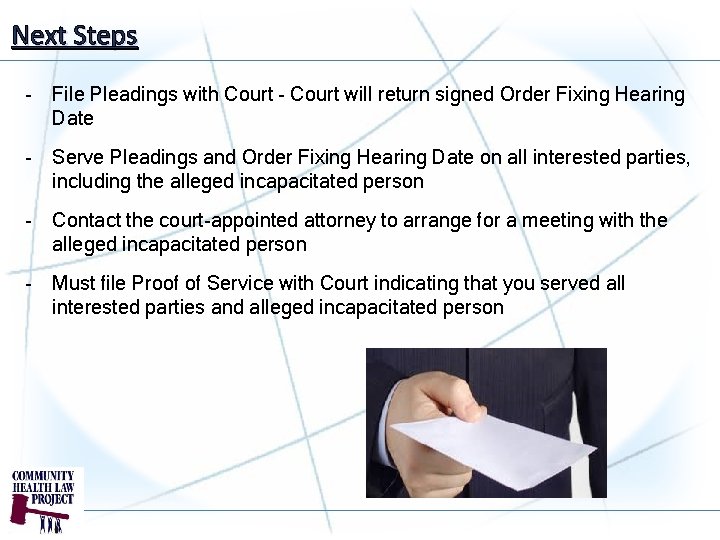 Next Steps - File Pleadings with Court - Court will return signed Order Fixing