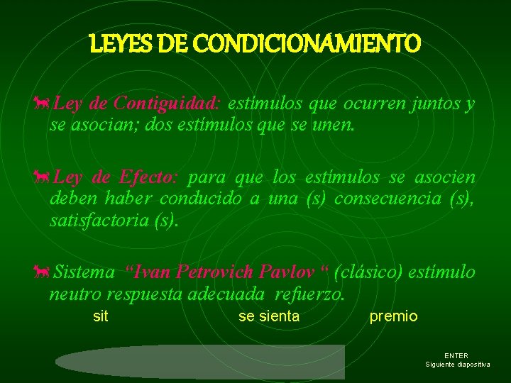 LEYES DE CONDICIONAMIENTO õLey de Contiguidad: estímulos que ocurren juntos y se asocian; dos