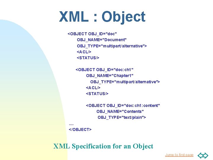 XML : Object <OBJECT OBJ_ID="doc" OBJ_NAME="Document" OBJ_TYPE="multipart/alternative"> <ACL/> <STATUS/> <OBJECT OBJ_ID="doc: ch 1" OBJ_NAME="Chapter XML : Object <OBJECT OBJ_ID="doc" OBJ_NAME="Document" OBJ_TYPE="multipart/alternative"> <ACL/> <STATUS/> <OBJECT OBJ_ID="doc: ch 1" OBJ_NAME="Chapter