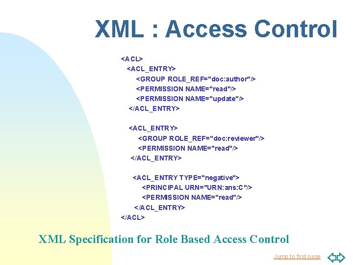 XML : Access Control <ACL> <ACL_ENTRY> <GROUP ROLE_REF="doc: author"/> <PERMISSION NAME="read"/> <PERMISSION NAME="update"/> </ACL_ENTRY> XML : Access Control <ACL> <ACL_ENTRY> <GROUP ROLE_REF="doc: author"/> <PERMISSION NAME="read"/> <PERMISSION NAME="update"/> </ACL_ENTRY>