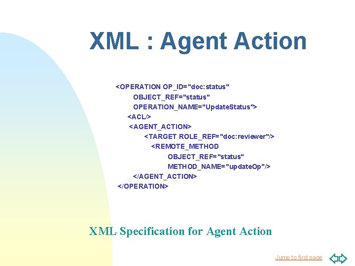 XML : Agent Action <OPERATION OP_ID="doc: status" OBJECT_REF="status" OPERATION_NAME="Update. Status"> <ACL/> <AGENT_ACTION> <TARGET ROLE_REF="doc: XML : Agent Action <OPERATION OP_ID="doc: status" OBJECT_REF="status" OPERATION_NAME="Update. Status"> <ACL/> <AGENT_ACTION> <TARGET ROLE_REF="doc: