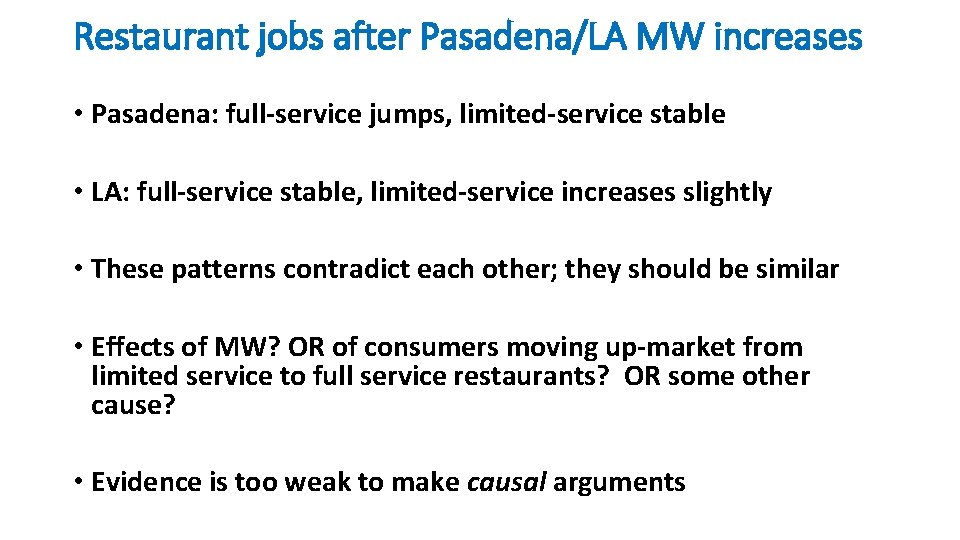 Restaurant jobs after Pasadena/LA MW increases • Pasadena: full-service jumps, limited-service stable • LA: