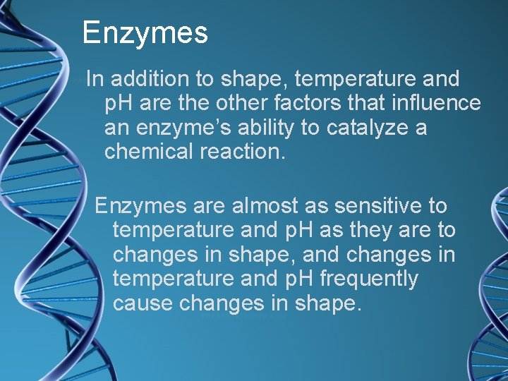 Enzymes In addition to shape, temperature and p. H are the other factors that