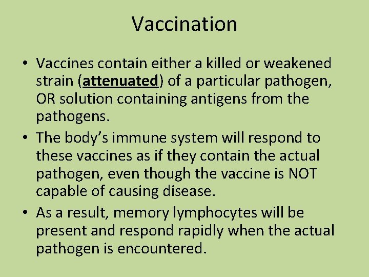 Vaccination • Vaccines contain either a killed or weakened strain (attenuated) of a particular