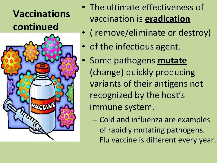 Vaccinations continued • The ultimate effectiveness of vaccination is eradication • ( remove/eliminate or