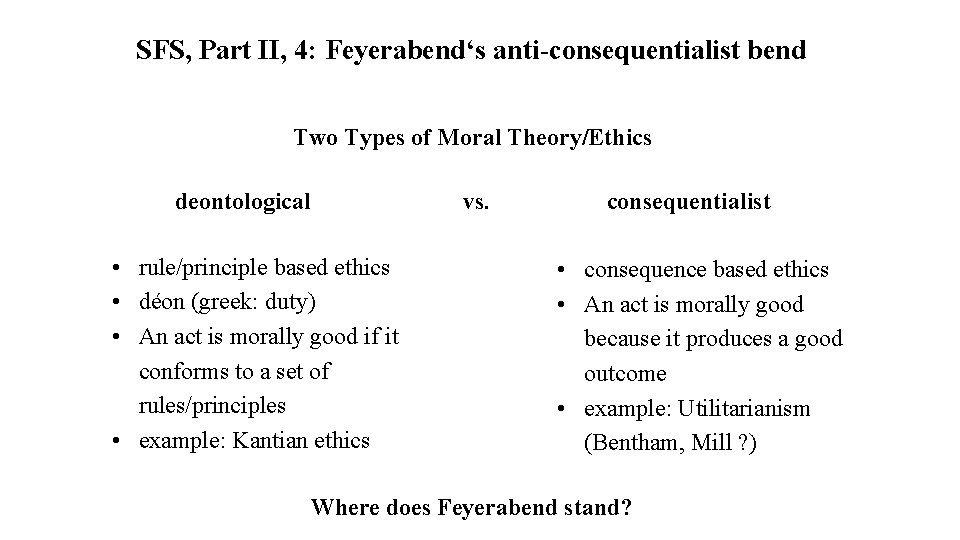 SFS, Part II, 4: Feyerabend‘s anti-consequentialist bend Two Types of Moral Theory/Ethics deontological vs.