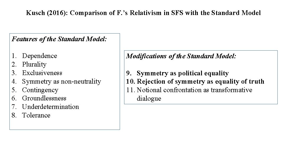 Kusch (2016): Comparison of F. ’s Relativism in SFS with the Standard Model Features