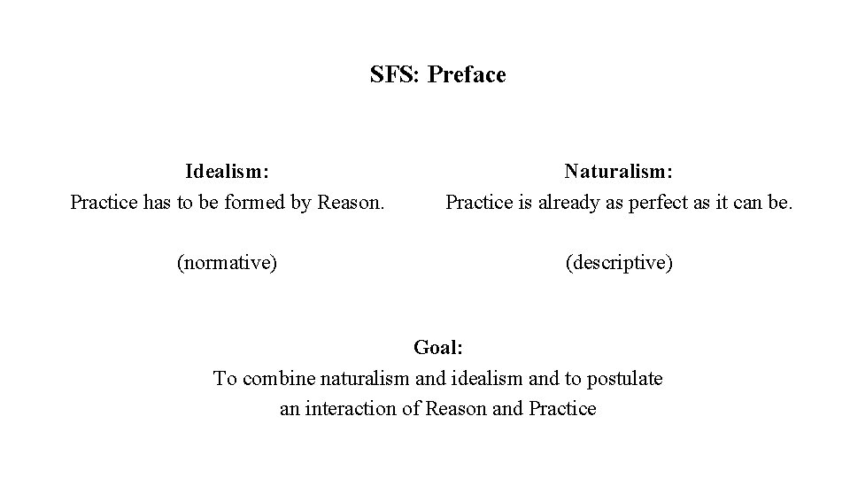 SFS: Preface Idealism: Practice has to be formed by Reason. Naturalism: Practice is already
