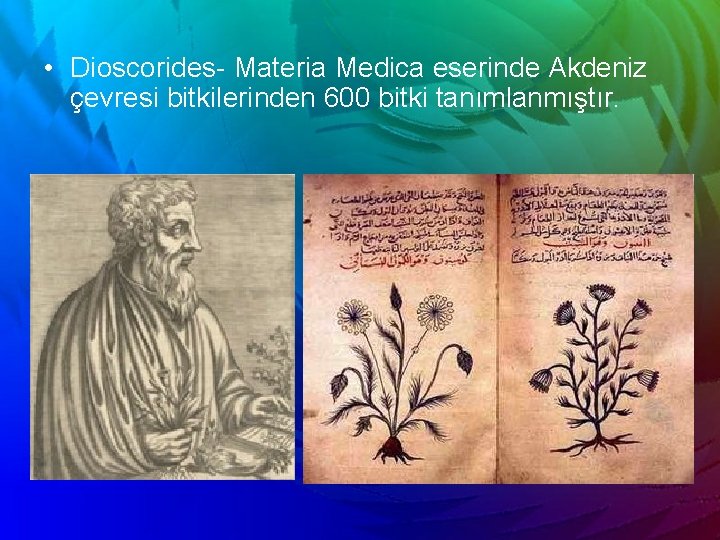  • Dioscorides- Materia Medica eserinde Akdeniz çevresi bitkilerinden 600 bitki tanımlanmıştır. 