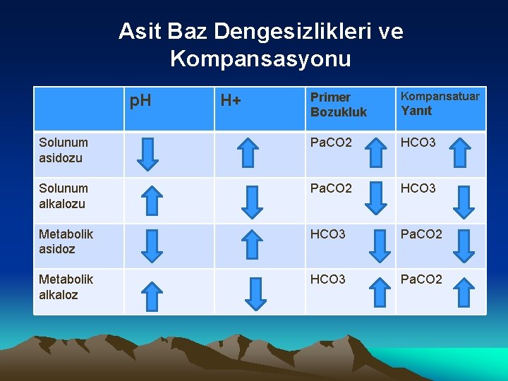 Asit Baz Dengesizlikleri ve Kompansasyonu Primer Bozukluk Kompansatuar Solunum asidozu Pa. CO 2 HCO