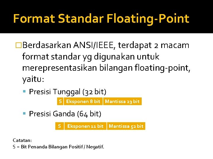 Format Standar Floating-Point �Berdasarkan ANSI/IEEE, terdapat 2 macam format standar yg digunakan untuk merepresentasikan