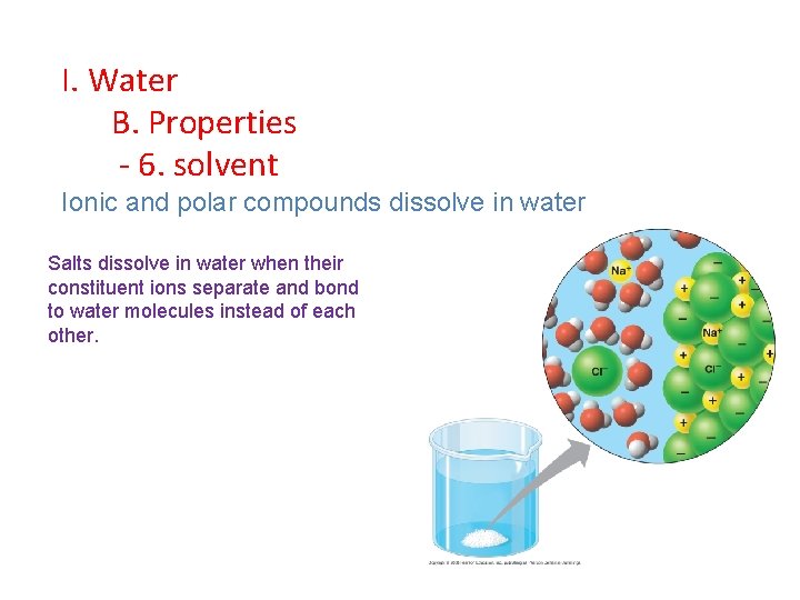I. Water B. Properties - 6. solvent Ionic and polar compounds dissolve in water