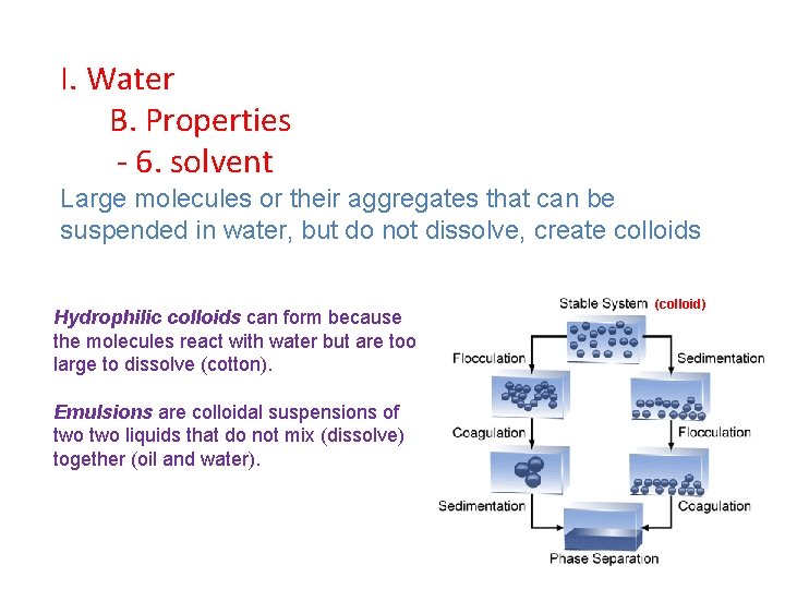 I. Water B. Properties - 6. solvent Large molecules or their aggregates that can