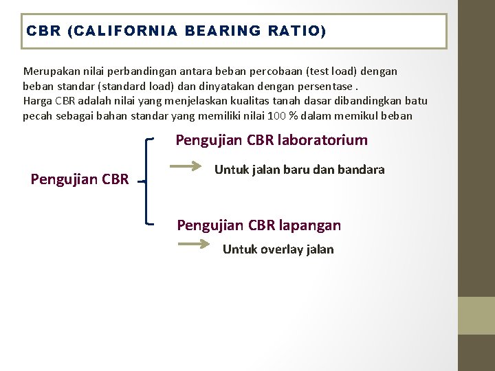 CBR (CALIFORNIA BEARING RATIO) Merupakan nilai perbandingan antara beban percobaan (test load) dengan beban