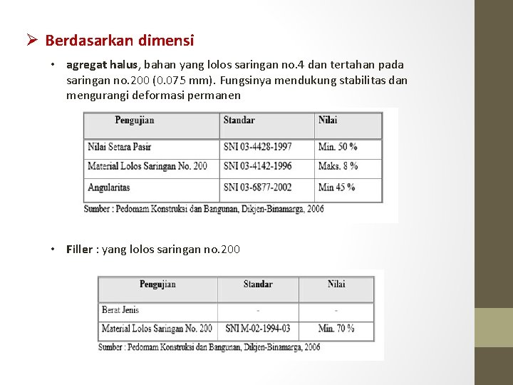 Ø Berdasarkan dimensi • agregat halus, bahan yang lolos saringan no. 4 dan tertahan