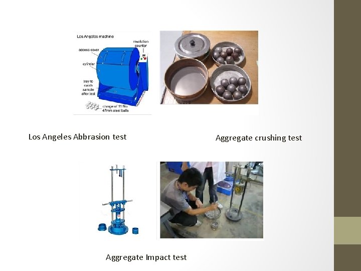 Los Angeles Abbrasion test Aggregate Impact test Aggregate crushing test 