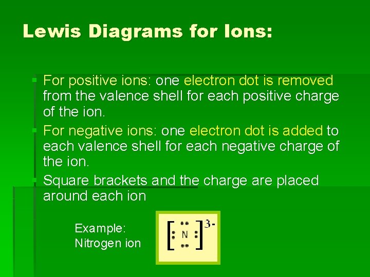 Lewis Diagrams for Ions: § For positive ions: one electron dot is removed from