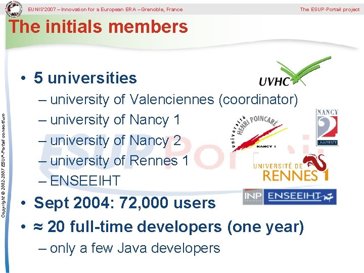 EUNIS’ 2007 – Innovation for a European ERA – Grenoble, France The ESUP-Portail project