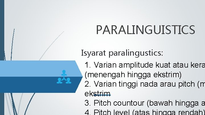 PARALINGUISTICS Isyarat paralingustics: 1. Varian amplitude kuat atau kera (menengah hingga ekstrim) 2. Varian