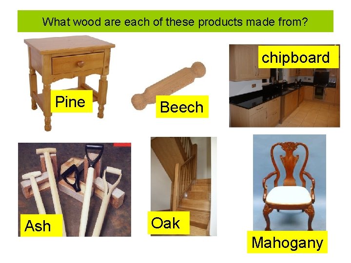 What wood are each of these products made from? chipboard Pine Ash Beech Oak