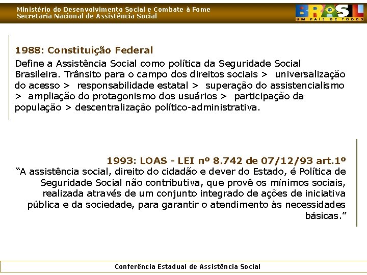 Ministério do Desenvolvimento Social e Combate à Fome Secretaria Nacional de Assistência Social 1988: