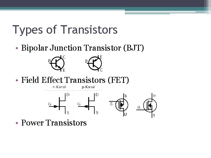 Types of Transistors • Bipolar Junction Transistor (BJT) • Field Effect Transistors (FET) •