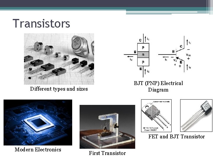 Transistors BJT (PNP) Electrical Diagram Different types and sizes FET and BJT Transistor Modern