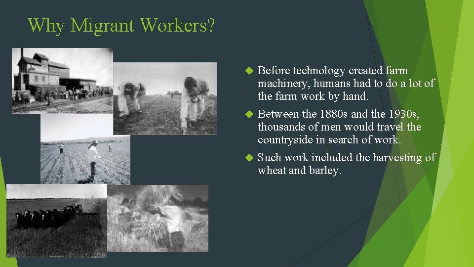 Why Migrant Workers? Before technology created farm machinery, humans had to do a lot