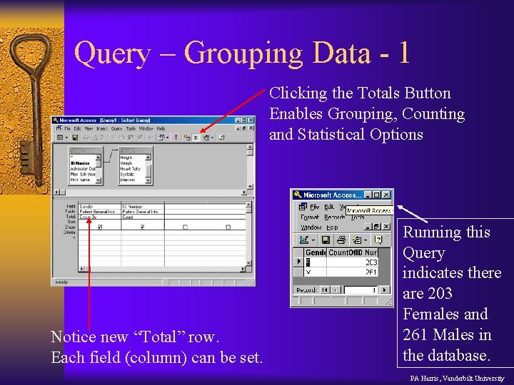 Query – Grouping Data - 1 Clicking the Totals Button Enables Grouping, Counting and