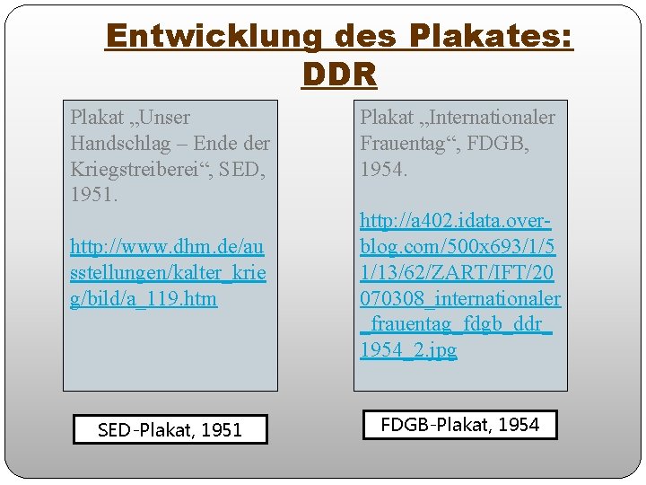 Entwicklung des Plakates: DDR Plakat „Unser Handschlag – Ende der Kriegstreiberei“, SED, 1951. http: