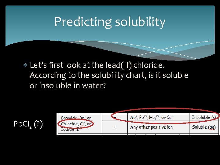 Predicting solubility Let’s first look at the lead(II) chloride. According to the solubility chart,