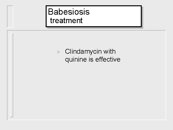 Babesiosis treatment Ø Clindamycin with quinine is effective 