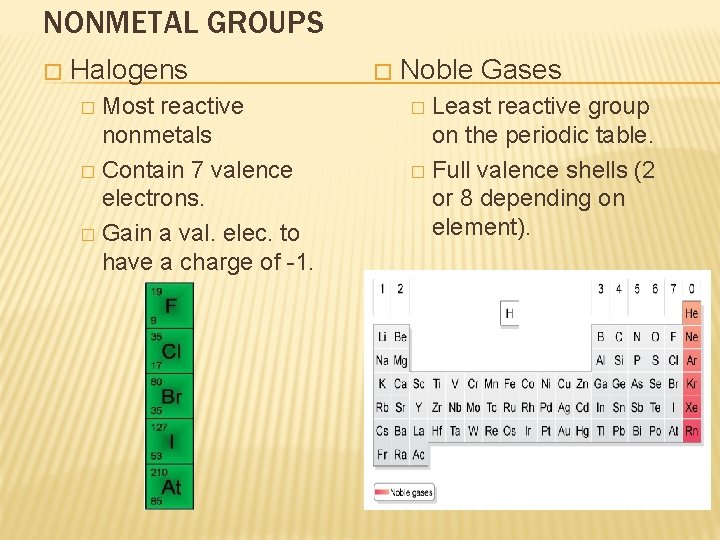 NONMETAL GROUPS � Halogens Most reactive nonmetals � Contain 7 valence electrons. � Gain