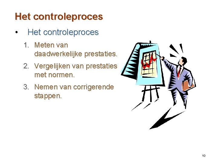 Het controleproces • Het controleproces 1. Meten van daadwerkelijke prestaties. 2. Vergelijken van prestaties