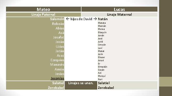 Mateo Lucas Linaje Paternal Linaje Maternal Salomón hijos de David Natán Matata Roboán Mainán