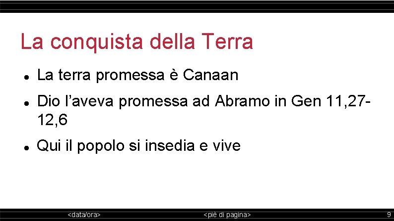 La conquista della Terra La terra promessa è Canaan Dio l’aveva promessa ad Abramo