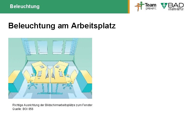 Beleuchtung am Arbeitsplatz Richtige Ausrichtung der Bildschirmarbeitsplätze zum Fenster Quelle: BGI 856 