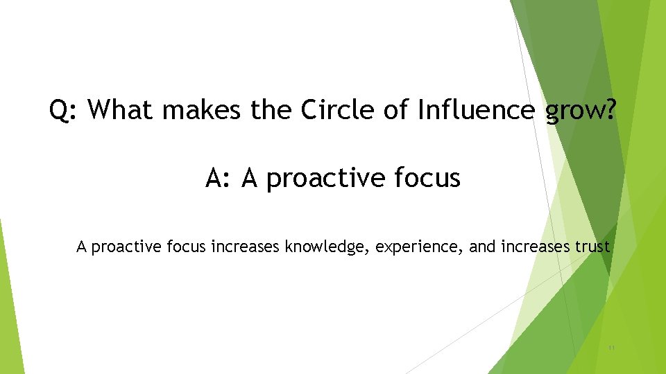 Q: What makes the Circle of Influence grow? A: A proactive focus increases knowledge,