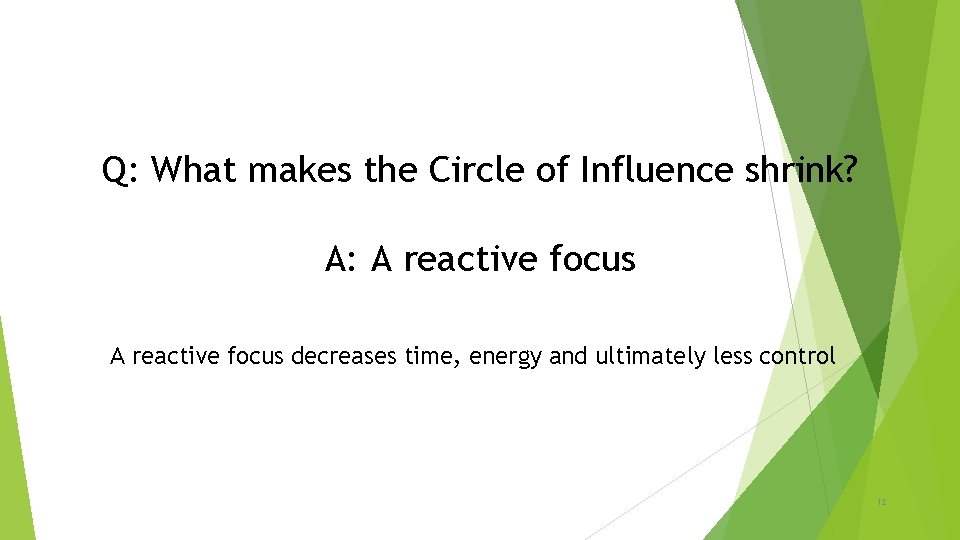 Q: What makes the Circle of Influence shrink? A: A reactive focus decreases time,