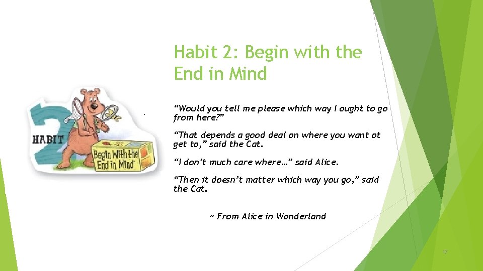 Habit 2: Begin with the End in Mind “Would you tell me please which