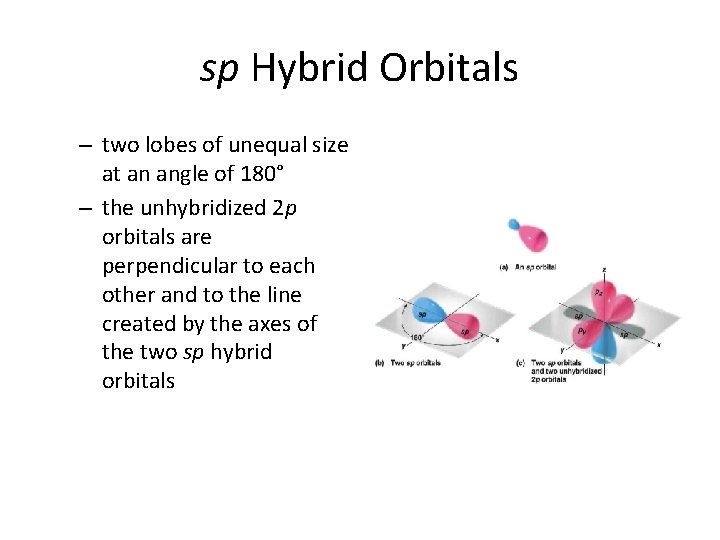 sp Hybrid Orbitals – two lobes of unequal size at an angle of 180°