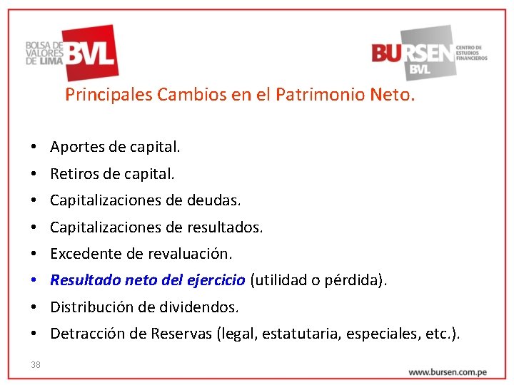 Principales Cambios en el Patrimonio Neto. • Aportes de capital. • Retiros de capital.
