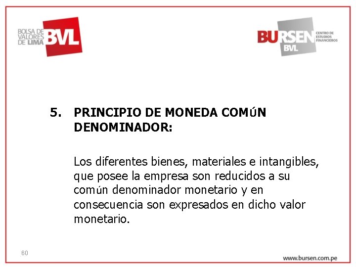 5. PRINCIPIO DE MONEDA COMÚN DENOMINADOR: Los diferentes bienes, materiales e intangibles, que posee