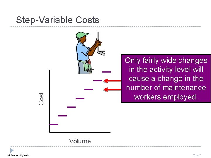 Step-Variable Costs Cost Only fairly wide changes in the activity level will cause a