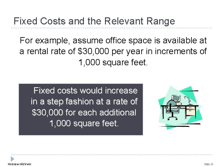 Fixed Costs and the Relevant Range For example, assume office space is available at