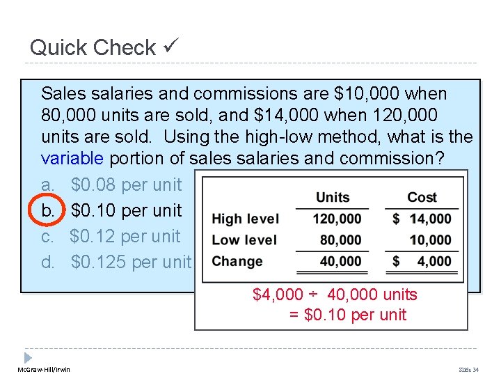 Quick Check Sales salaries and commissions are $10, 000 when 80, 000 units are